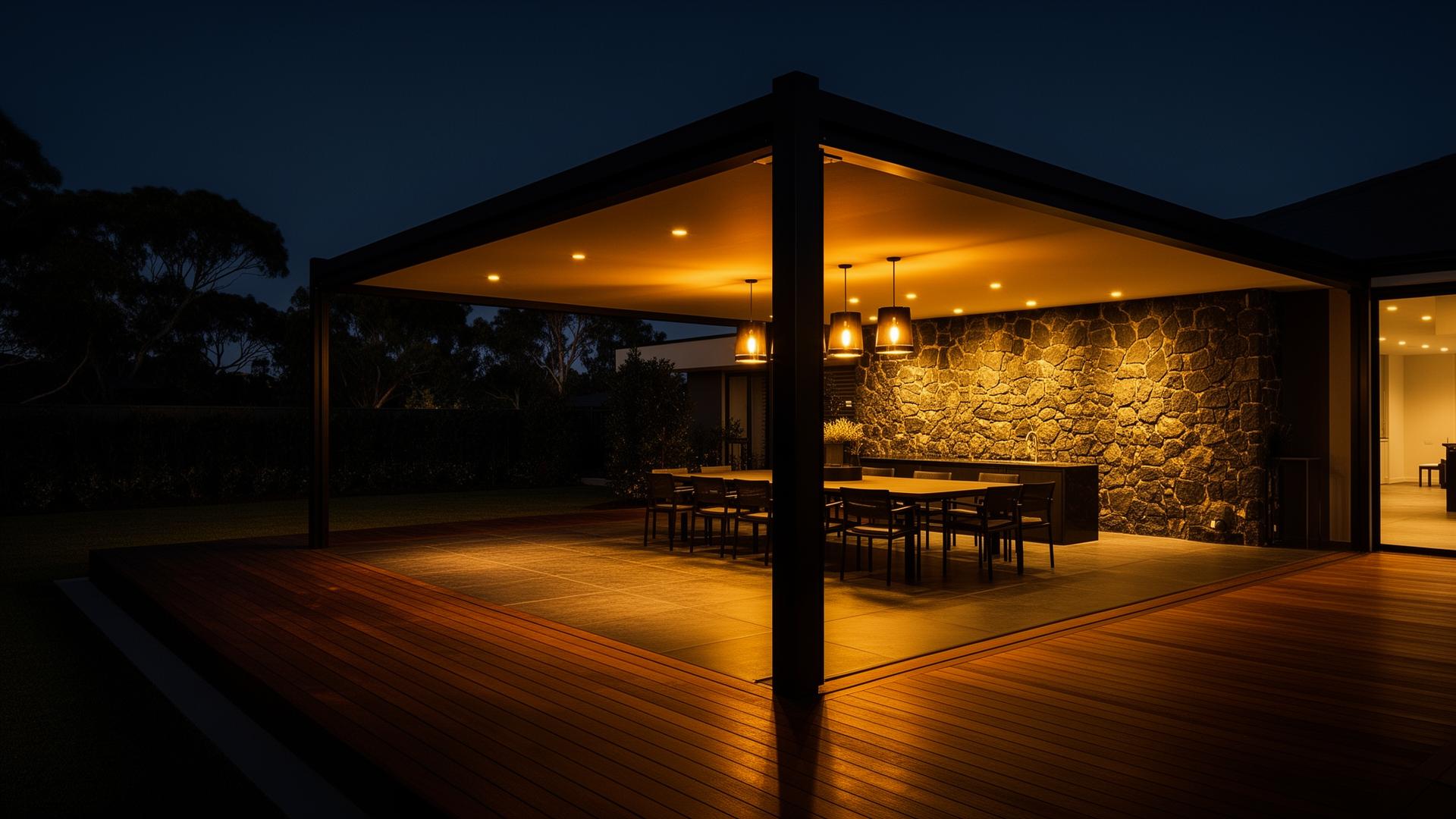 Premium Australian outdoor alfresco patio at twilight, built by FDAUS Fabrication Perth